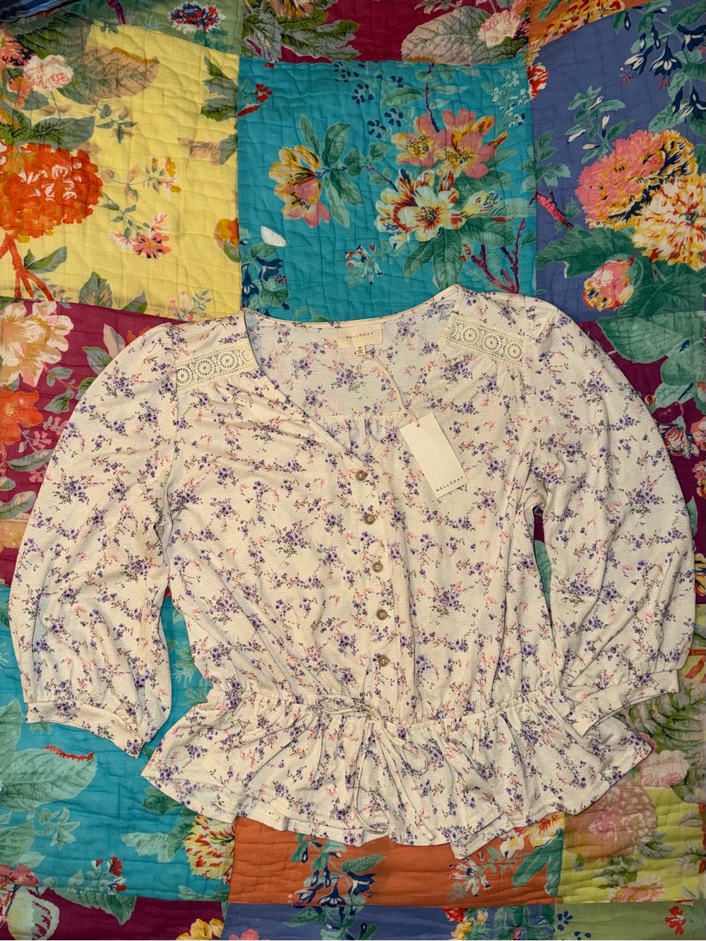 NWT Melloday Peasant Blouse with Lavender Flowers & Three-Quarter Sleeves